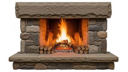Stone Fireplace with Burning Logs and Warm Flames, Background Removal for Interior Design