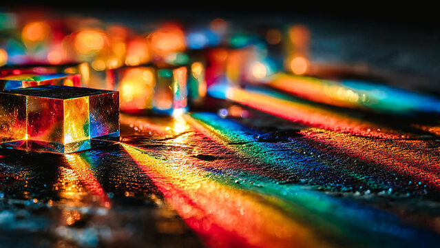 Cubes travers&eacute;es par des rayons de lumi&egrave;re color&eacute;e