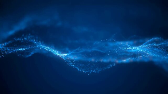 Abstract blue wave motion with sparkling particles. Represents digital technology, innovation, and fluidity in design