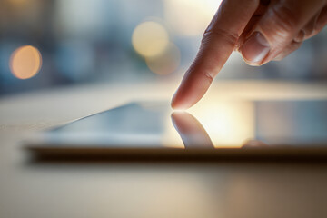 A finger gently tapping a glowing touchscreen on a tablet device with a soft background bokeh effect creating a modern digital interaction concept