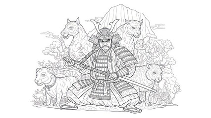 Fototapeta premium Samurai warrior in armor with horses against mountainous background