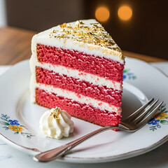 A delicious slice of red velvet cake with white cream cheese frosting and gold flakes, served on a decorative plate with a fork.