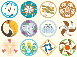 家紋風アイコン　野鳥　ペンギン　カワセミ　日本の紋章