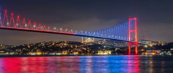 Obraz premium Illuminated suspension bridge at night over city waterfront