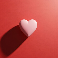 A single pastel pink heart shape casting a shadow on a vibrant red background, symbolizing love and affection.