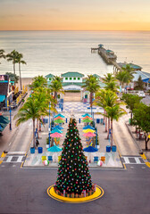Aerial View of Lauderdale by the Sea,Decorated with a tall Christmas Tree and LightsEarly MorningFort Lauderdale, Florida, United States of America, USA