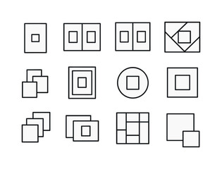 Obraz premium Photo Layout Icons. Photo layout ideas. Line icon set of Photo layout ideas: single photo frame, double photo frame, grid layout, diagonal layout, cluster