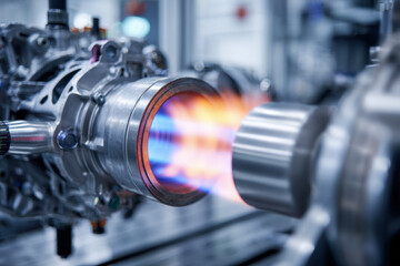 High-tech simulation of a propulsion system with vivid blue and orange flames demonstrating advanced mechanical engineering and combustion process in laboratory envi