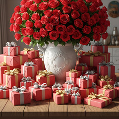 A grand display of vibrant red roses in a white vase surrounded by numerous red gift boxes with elegant ribbons on a wooden table.