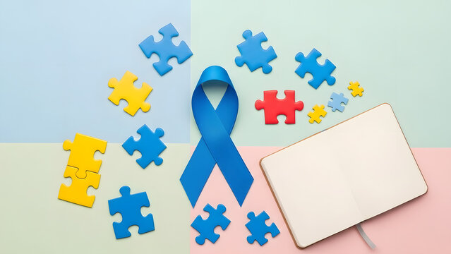 World Autism Awareness Day &ndash; Colorful Puzzle Pieces and Blue Support Background