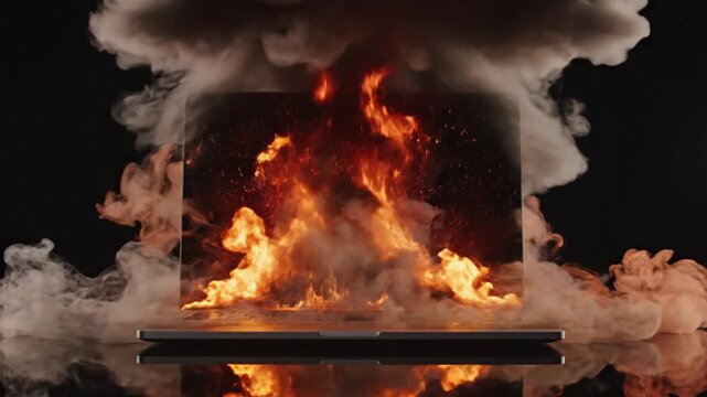 A fiery explosion engulfs a metal platform surrounded by smoke clouds in a dark environment viewed from the front