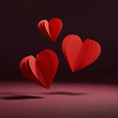 Three red paper hearts floating gracefully against a dark, romantic background, casting soft shadows below, symbolizing love and affection.