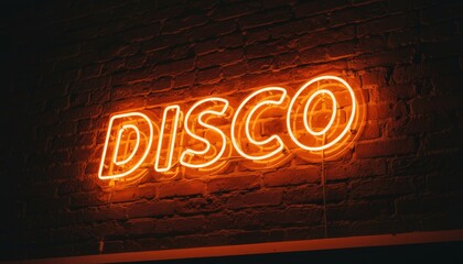 Orange neon sign displaying disco lettering, radiating a retro glow against a dark exposed brick wall, evoking a lively atmosphere for nightlife, parties, and club events