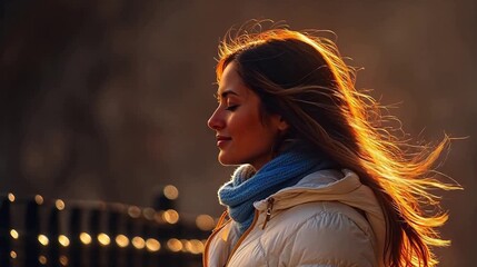 Woman in coat with wind blowing hair