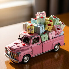 A vintage pink toy pickup truck overloaded with numerous colorful gift boxes, adorned with small red hearts, sitting on a wooden surface with soft window light.