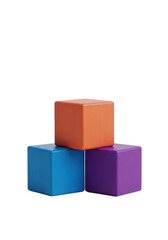 Obraz premium professional macro shot of three blue, purple, and orange cubic wooden blocks stacked precisely on a reflective white surface against transparent background. concept for foundation advertising
