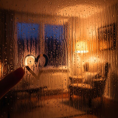 A finger drawing a heart on a steamy window, looking into a warmly lit room at night.