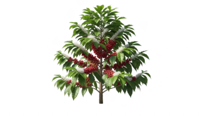 Coffee tree with red berries and white blossoms, isolated on transparent background