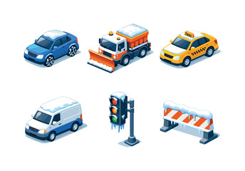 Naklejka premium Winter Road Transport Icons. Winter road transport. Isometric flat vector icons set of winter road transport: car with snow chains, city snowplow truck, winter