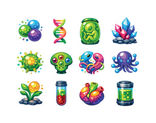 Obraz premium Alien Biology Icons. Alien Biology. Colorful flat vector icons set of Alien Biology: bioluminescent cells, spiral DNA strand, alien embryo pod, crystalline