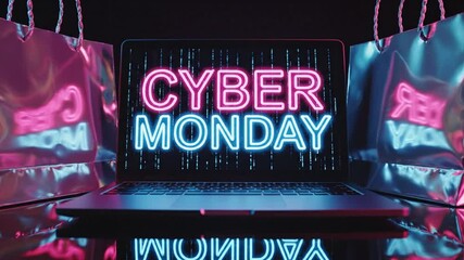 Cyber Monday shopping scene on a laptop screen with neon lights and shopping bags surrounding it in a dark environment