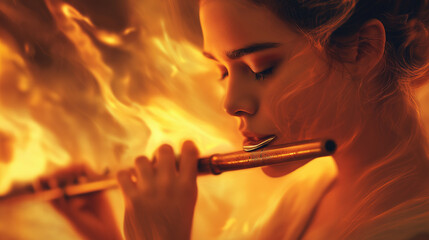 A person playing a glowing flute surrounded by soft flames in a surreal setting.