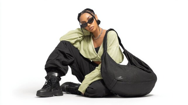 Fashion model poses with bag indoors