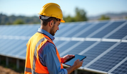 A technician holding a tablet stands in front of a row of solar panels.