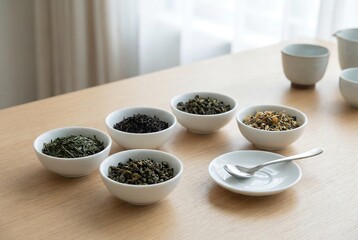 Assortment of dried loose leaf tea in white bowls on a wooden table. Different types of tea, beverage options, and healthy lifestyle concept.