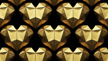 Abstract gold geometric pattern of faceted heart shapes on a dark background