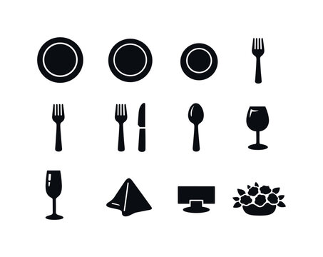Formal Dining Icons. Formal table setting. Solid icon set of Formal table setting: charger plate, dinner plate, bread plate, salad fork, dinner fork, dinner
