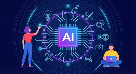 Artificial Intelligence Technology Concept - Humans Interacting with Digital AI Interface and Industry Icons
