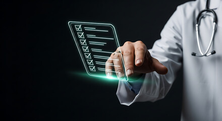 Doctor managing digital health checklist on tablet Healthcare technology innovation medical