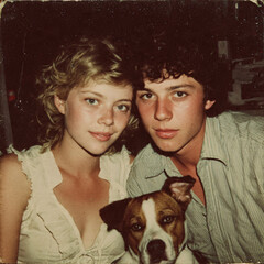 Gar&ccedil;on et fille posant avec un petit chien, photo des ann&eacute;es 80