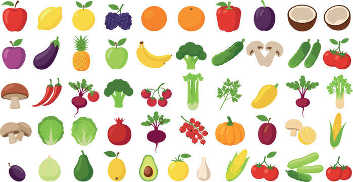 Fresh fruits and vegetables vector set with colorful healthy food icons including apples, bananas, broccoli, tomatoes and leafy greens in flat cartoon illustration style isolated on white background