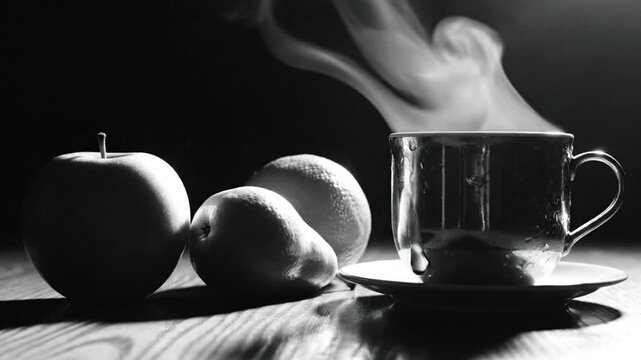 Black and white still life with steaming coffee cup, apples, pear, and orange, on a rustic wooden surface