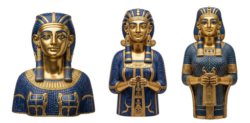 Closeup Ishtar goddess figures set, front view, gold and blue