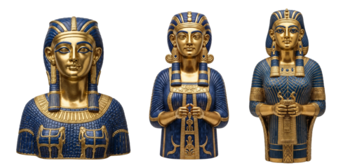 Closeup Ishtar goddess figures set, front view, gold and blue