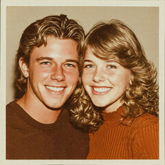 Jeune couple souriant, photo vintage des ann&eacute;es 80