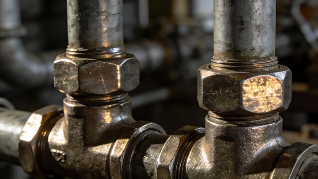 discontinuous. Metal nodules on industrial pipe valves reflecting light, metallic texture detail. safety posters, maintenance manuals, designed for industrial assembly lines and welding operations.
