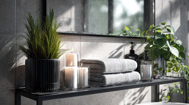 Black and white bathroom scene featuring potted plants, a metal towel rack, and candle-lit decor under a wall mirror - Powered by Adobe