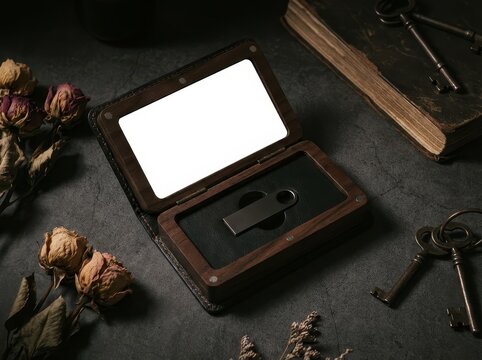 USB flash drive in wooden presentation box with dried flowers - Powered by Adobe