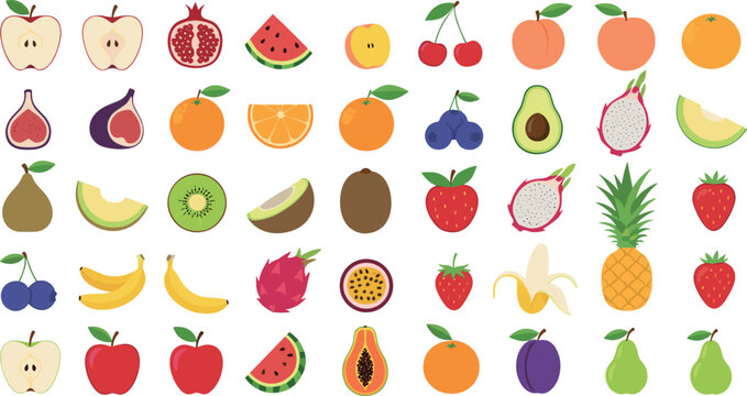 Fresh fruits vector set with colorful tropical and seasonal fruit icons including apple, banana, watermelon, pineapple and berries in flat cartoon illustration style isolated on white background