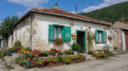 Old house with flowers in garden