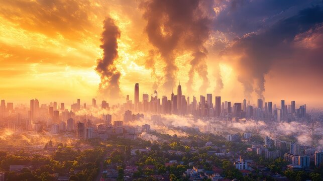 Pollution-filled sky with heavy particles drifting over city buildings, creating a dramatic, somber skyline
