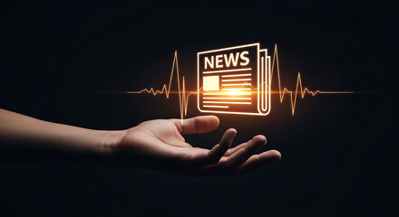 News Pulse Glowing News Icon on Hand Lifeline Digital Journalism Media Report Tech Innovation