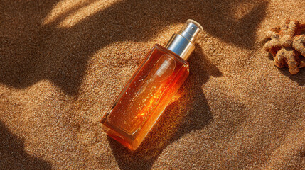 Bottle of oil on sand by the shore