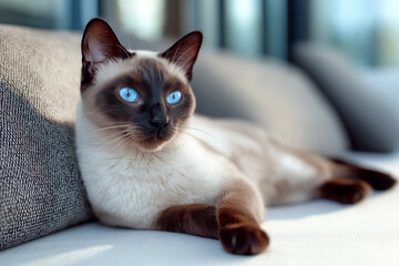 A Siamese cat rests on a modern couch in a tidy interior with soft shadows.