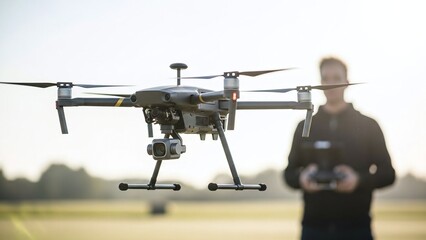 Fototapeta premium Drone Flying Against A Blurred Person Using Remote Control Outdoor