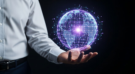 Global network technology in man s hand futuristic design innovation concept digital age worldwide